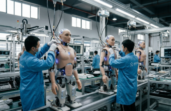 Seryjna produkcja robotów UBTECH UWORLD U1 z AI. Dwa humanoidy wyglądające jak ludzie na linii produkcyjnej w fabryce nowoczesnych technologii przyszłości.