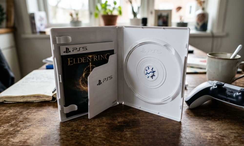 Otwarte pudełko gry na PS5 bez płyty w środku. Puste opakowanie PlayStation symbolizuje dystrybucję cyfrową gier i brak fizycznych wydań na konsole Sony.