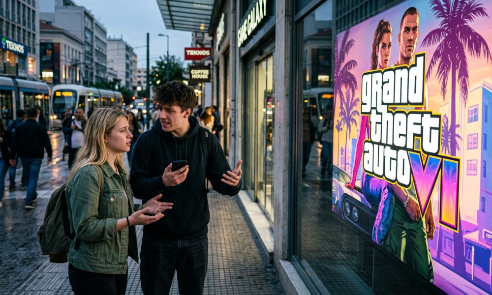 Dwie młode osoby nerwowo dyskutują przy plakacie z napisem GTA VI. Afera i kontrowersyjna decyzja Take-Two Interactive dotycząca Grand Theft Auto 6.