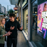 Dwie młode osoby nerwowo dyskutują przy plakacie z napisem GTA VI. Afera i kontrowersyjna decyzja Take-Two Interactive dotycząca Grand Theft Auto 6.
