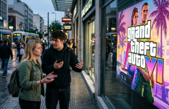 Dwie młode osoby nerwowo dyskutują przy plakacie z napisem GTA VI. Afera i kontrowersyjna decyzja Take-Two Interactive dotycząca Grand Theft Auto 6.