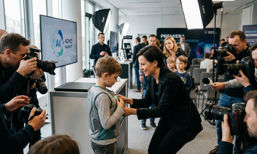 Inteligentna kamizelka AI dla dziecka z ADHD. Nowoczesna technologia lifestyle tech wspomagająca koncentrację, spokój i codzienne funkcjonowanie dziecka.