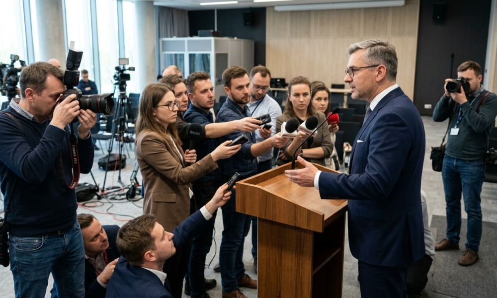 Prezes BGK w garniturze ogłasza program Future Tech Poland. Konferencja prasowa z dziennikarzami o miliardzie na polską naukę i rozwój głębokich technologii.