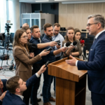 Prezes BGK w garniturze ogłasza program Future Tech Poland. Konferencja prasowa z dziennikarzami o miliardzie na polską naukę i rozwój głębokich technologii.