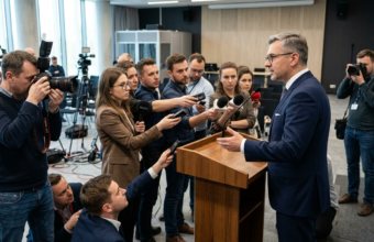 Prezes BGK w garniturze ogłasza program Future Tech Poland. Konferencja prasowa z dziennikarzami o miliardzie na polską naukę i rozwój głębokich technologii.