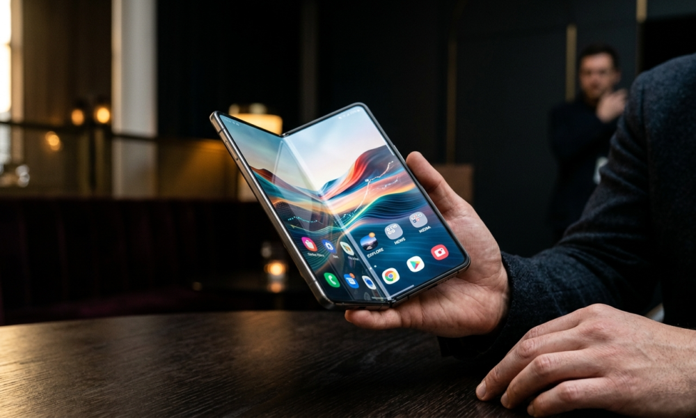 Składany iPhone Ultra z idealnie gładkim ekranem bez zagięcia i tytanową ramką. Luksusowy smartfon premium w ciemnym studiu z kinowym oświetleniem.
