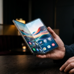 Składany iPhone Ultra z idealnie gładkim ekranem bez zagięcia i tytanową ramką. Luksusowy smartfon premium w ciemnym studiu z kinowym oświetleniem.