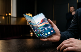 Składany iPhone Ultra z idealnie gładkim ekranem bez zagięcia i tytanową ramką. Luksusowy smartfon premium w ciemnym studiu z kinowym oświetleniem.