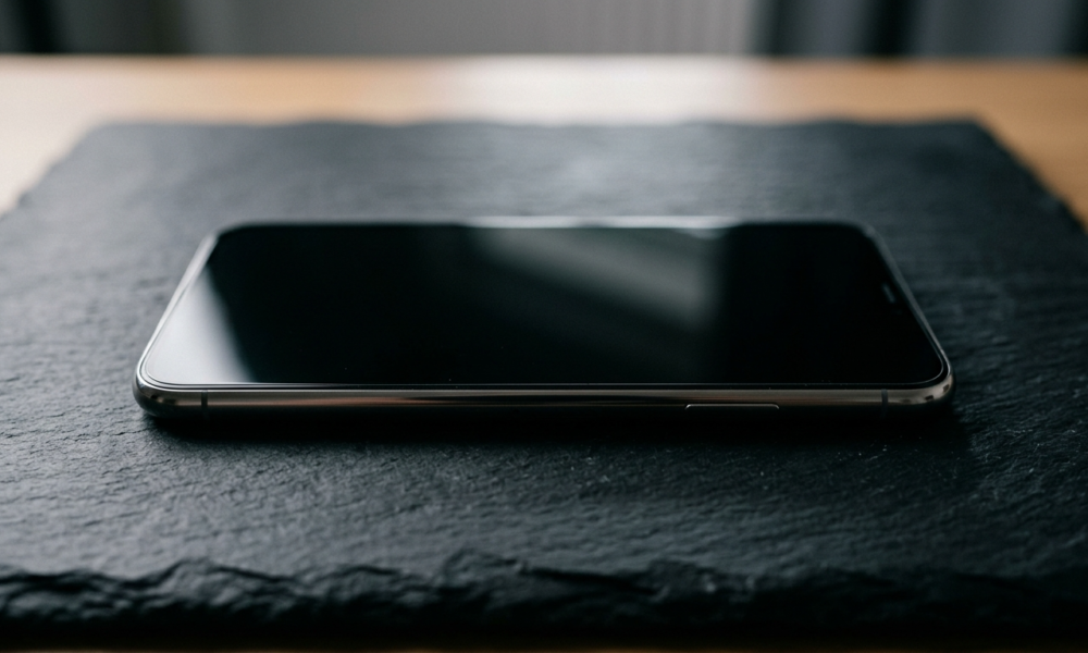 Elegancki polski smartfon bez usług Google na ciemnym kamieniu. Wyłączony bezramkowy ekran i metaliczna obudowa podkreślają nowoczesny design urządzenia.