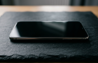 Elegancki polski smartfon bez usług Google na ciemnym kamieniu. Wyłączony bezramkowy ekran i metaliczna obudowa podkreślają nowoczesny design urządzenia.