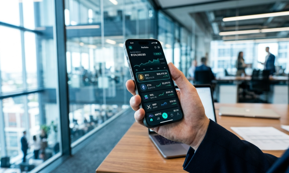 Smartfon z interfejsem polskiej platformy kryptowalutowej Hyllet, ikony Bitcoin i kursy walut. Nowoczesne biuro, cyfrowe finanse i bezpieczny rynek krypto KNF.