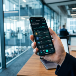 Smartfon z interfejsem polskiej platformy kryptowalutowej Hyllet, ikony Bitcoin i kursy walut. Nowoczesne biuro, cyfrowe finanse i bezpieczny rynek krypto KNF.
