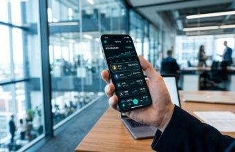 Smartfon z interfejsem polskiej platformy kryptowalutowej Hyllet, ikony Bitcoin i kursy walut. Nowoczesne biuro, cyfrowe finanse i bezpieczny rynek krypto KNF.