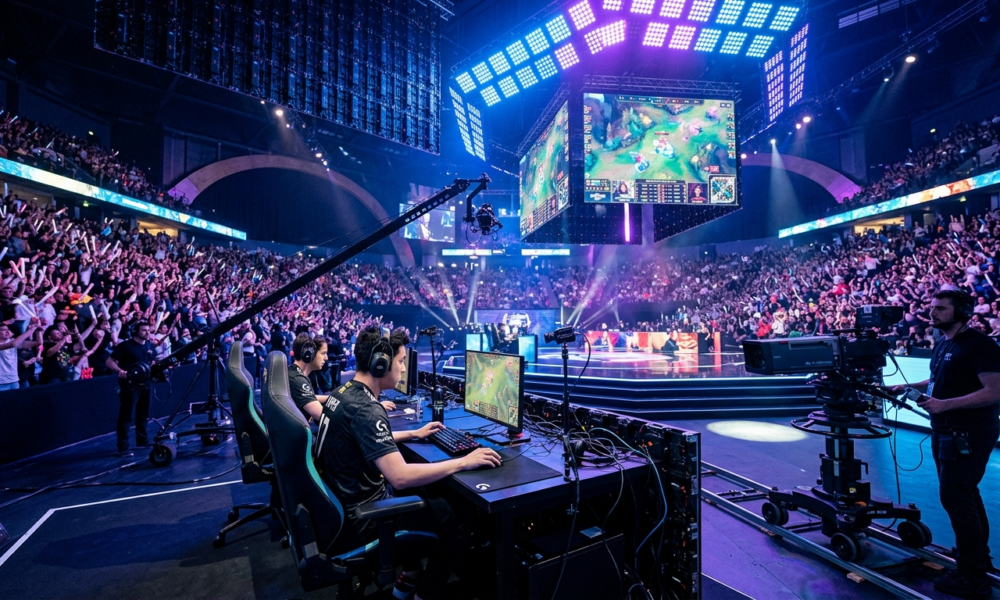 Arena Esports World Cup 2026 w Paryżu. Gracz przy stanowisku, kamery telewizyjne i tłum kibiców w neonowym świetle podczas transmisji e-sportowej na żywo.