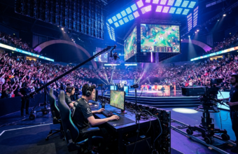 Arena Esports World Cup 2026 w Paryżu. Gracz przy stanowisku, kamery telewizyjne i tłum kibiców w neonowym świetle podczas transmisji e-sportowej na żywo.