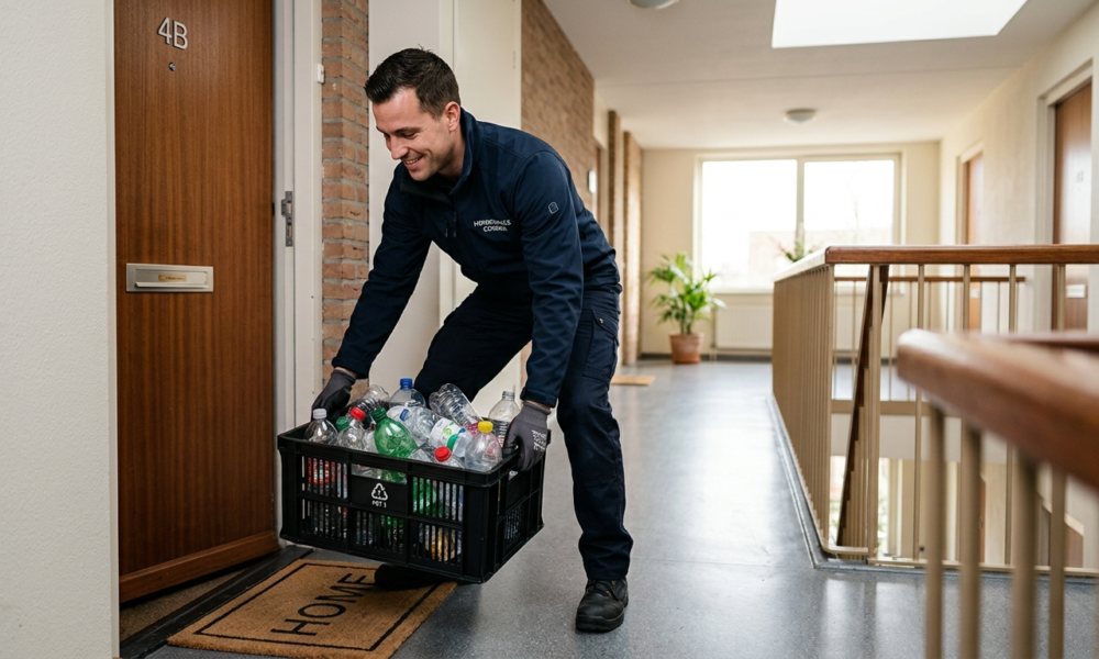Kurier w nowoczesnym stroju odbiera puste butelki plastikowe z kaucją sprzed drzwi mieszkania. Ekologiczny recykling i nowoczesne usługi lifestyle tech dla domu.