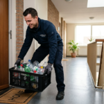 Kurier w nowoczesnym stroju odbiera puste butelki plastikowe z kaucją sprzed drzwi mieszkania. Ekologiczny recykling i nowoczesne usługi lifestyle tech dla domu.