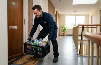 Kurier w nowoczesnym stroju odbiera puste butelki plastikowe z kaucją sprzed drzwi mieszkania. Ekologiczny recykling i nowoczesne usługi lifestyle tech dla domu.
