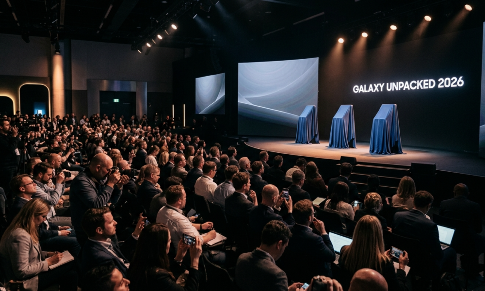 Galaxy Unpacked 2026: trzy nowe smartfony Samsung Galaxy Z Ultra pod płachtami na postumentach. Widzowie i dziennikarze czekają na premierę telefonów Samsung.