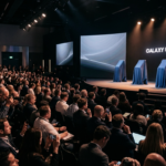 Galaxy Unpacked 2026: trzy nowe smartfony Samsung Galaxy Z Ultra pod płachtami na postumentach. Widzowie i dziennikarze czekają na premierę telefonów Samsung.
