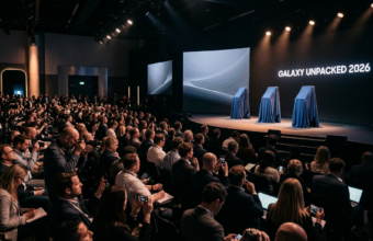 Galaxy Unpacked 2026: trzy nowe smartfony Samsung Galaxy Z Ultra pod płachtami na postumentach. Widzowie i dziennikarze czekają na premierę telefonów Samsung.