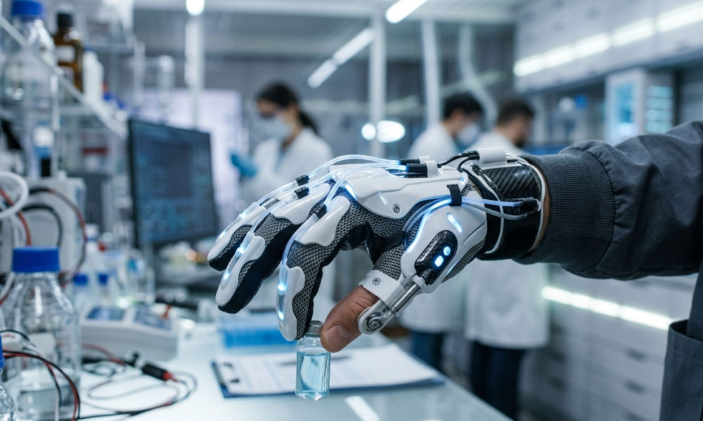Robotyczna rękawica systemu NEO z białym egzoszkieletem na dłoni. Precyzyjny ruch w laboratorium. Skuteczna rehabilitacja i technologia leczenia paraliżu.
