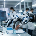 Robotyczna rękawica systemu NEO z białym egzoszkieletem na dłoni. Precyzyjny ruch w laboratorium. Skuteczna rehabilitacja i technologia leczenia paraliżu.
