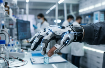 Robotyczna rękawica systemu NEO z białym egzoszkieletem na dłoni. Precyzyjny ruch w laboratorium. Skuteczna rehabilitacja i technologia leczenia paraliżu.