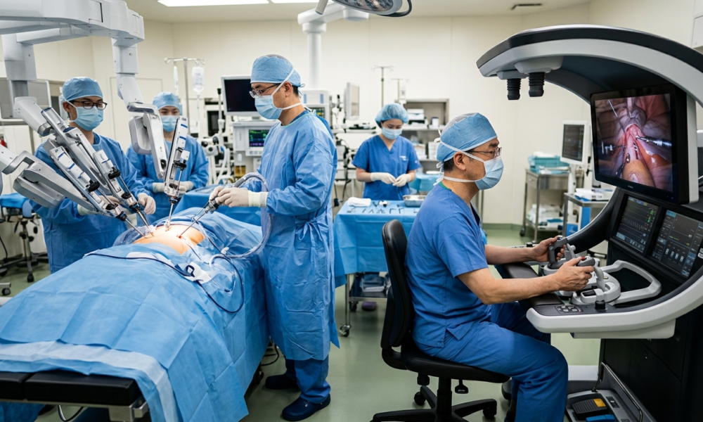 Japoński robot medyczny Hinotori: innowacyjny system chirurgiczny z ośmioosiowymi ramionami i ergonomicznym kokpitem operatora 3D.