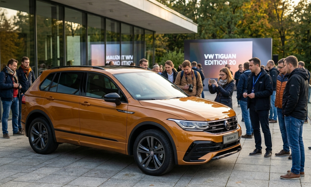 Jubileuszowy Volkswagen Tiguan Edition 20 w kolorze syrop klonowy. SUV z silnikiem spalinowym i sportowym wykończeniem na 20-lecie kultowego modelu Volkswagena.