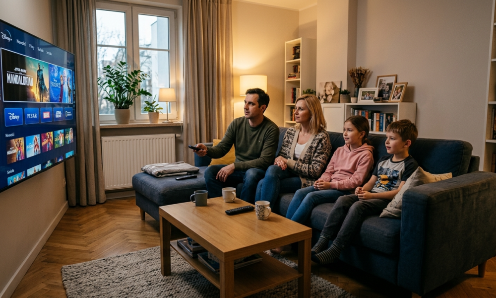 Rodzina na kanapie wybiera pilotem darmowe kanały z reklamami Disney+ na smart TV 6m dalej. Polska i świat: kultura cyfrowa, gaming i menu na ekranie.