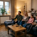 Rodzina na kanapie wybiera pilotem darmowe kanały z reklamami Disney+ na smart TV 6m dalej. Polska i świat: kultura cyfrowa, gaming i menu na ekranie.