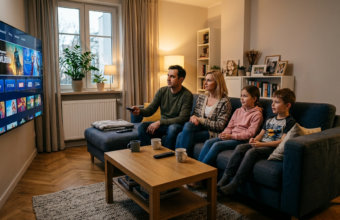 Rodzina na kanapie wybiera pilotem darmowe kanały z reklamami Disney+ na smart TV 6m dalej. Polska i świat: kultura cyfrowa, gaming i menu na ekranie.
