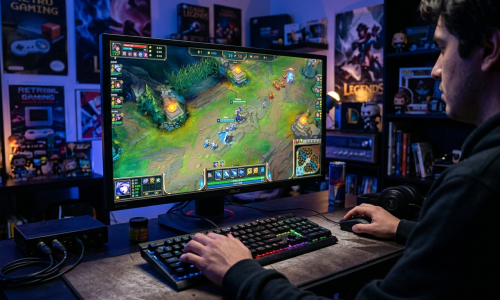 Monitor z mapą League of Legends z 2010. Dłonie na klawiaturze mechanicznej, fioletowe światło. Kultura cyfrowa i retro gaming – powrót starego LoL.