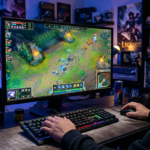 Monitor z mapą League of Legends z 2010. Dłonie na klawiaturze mechanicznej, fioletowe światło. Kultura cyfrowa i retro gaming – powrót starego LoL.