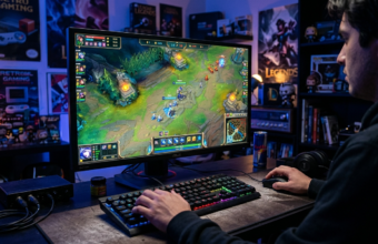 Monitor z mapą League of Legends z 2010. Dłonie na klawiaturze mechanicznej, fioletowe światło. Kultura cyfrowa i retro gaming – powrót starego LoL.