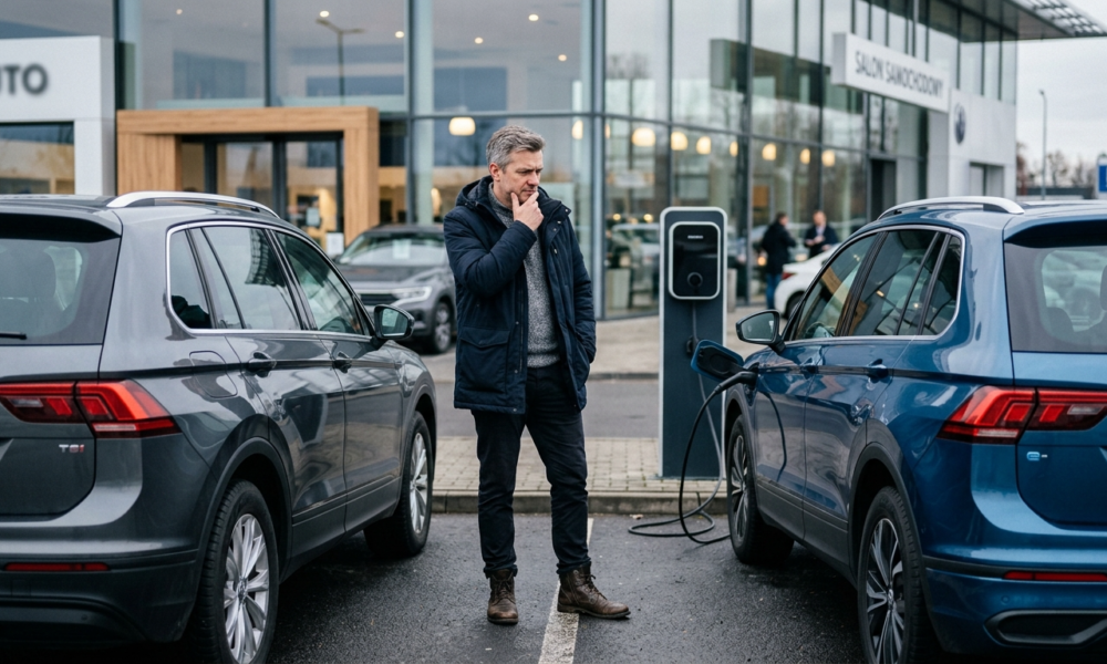Mężczyzna przed salonem wybiera auto spalinowe lub elektryczne. Drogie paliwo a opłacalność aut. Polska i świat: nowoczesna motoryzacja i mobilność.