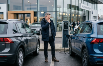 Mężczyzna przed salonem wybiera auto spalinowe lub elektryczne. Drogie paliwo a opłacalność aut. Polska i świat: nowoczesna motoryzacja i mobilność.