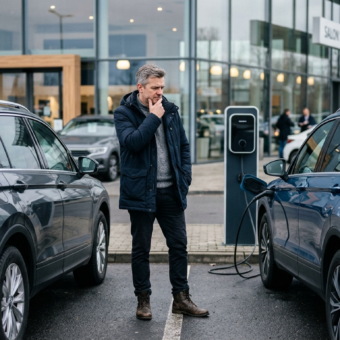 Mężczyzna przed salonem wybiera auto spalinowe lub elektryczne. Drogie paliwo a opłacalność aut. Polska i świat: nowoczesna motoryzacja i mobilność.