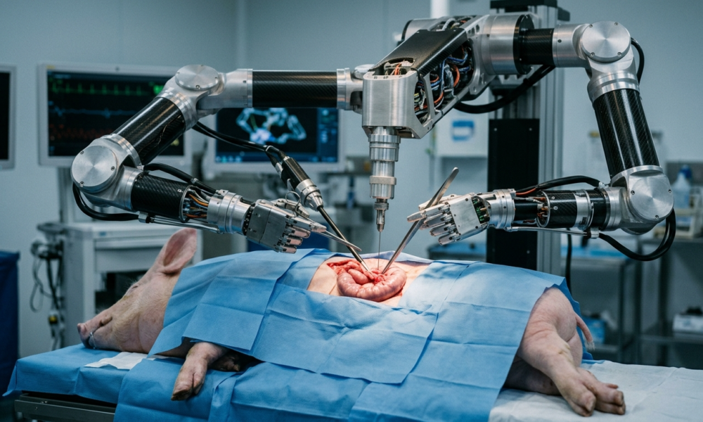 Autonomiczny robot medyczny AI operuje świnię leżącą na boku pod płachtą bez ludzi. Chirurgia autonomiczna i technologie przyszłości, Polska i świat.