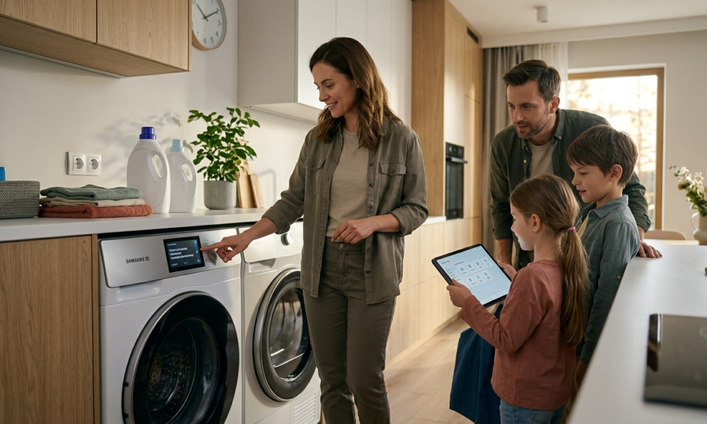 Pralka Samsung Bespoke AI z ekranem dotykowym i SmartThings. Inteligentne AGD z AI automatycznie dobiera cykl prania, dozuje detergenty i oszczędza energię.