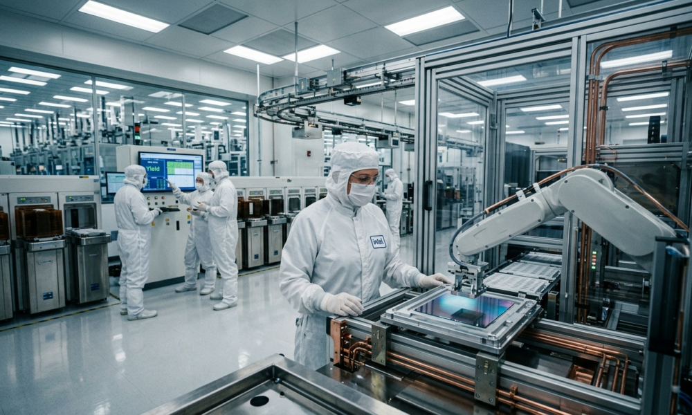 Nowoczesny procesor Intel Panther Lake w architekturze 18A. Masowa produkcja zaawansowanych układów scalonych do wydajnych komputerów i technologii AI.