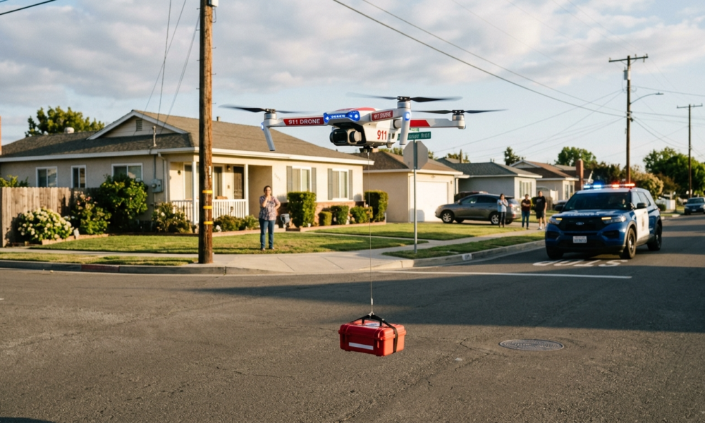 Automatyczny dron ratunkowy systemu DFR reaguje na zgłoszenie 911. Nowoczesne drony policyjne i służby ratunkowe w USA skracają czas dotarcia na miejsce zdarzenia.