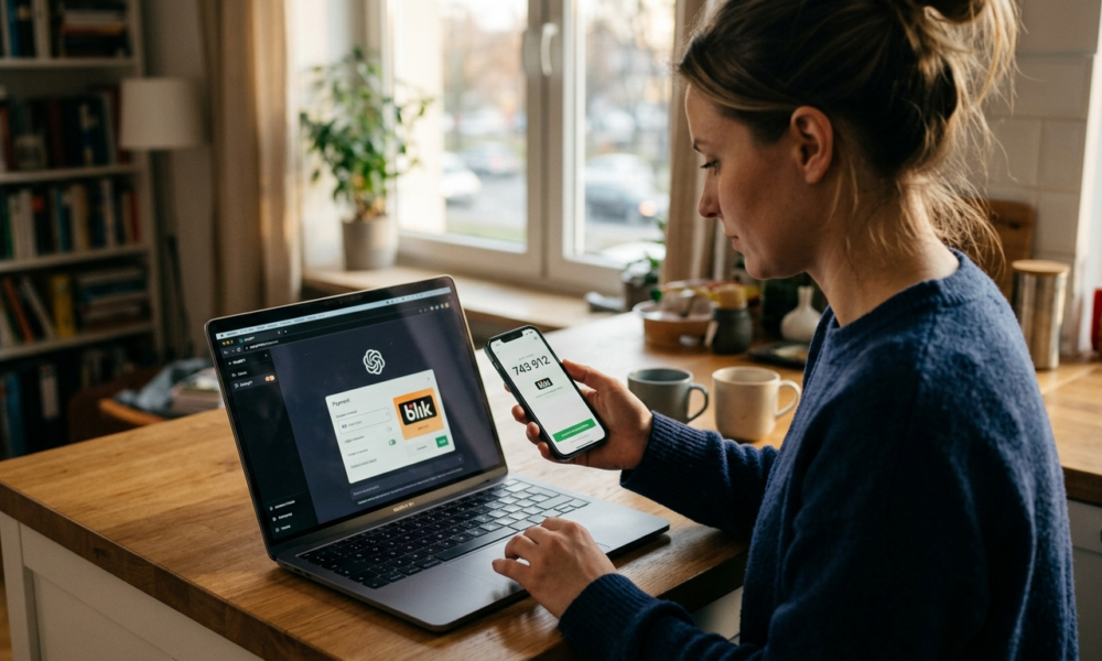 Młoda kobieta w domu płaci kodem BLIK z telefonu za ChatGPT Plus na laptopie. Widoczne logo ChatGPT, BLIK i kod na smartfonie. Polska i świat, subskrypcja.