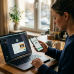 Młoda kobieta w domu płaci kodem BLIK z telefonu za ChatGPT Plus na laptopie. Widoczne logo ChatGPT, BLIK i kod na smartfonie. Polska i świat, subskrypcja.