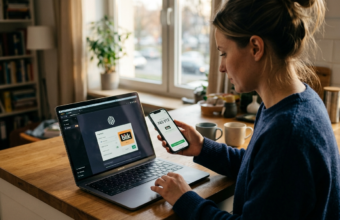 Młoda kobieta w domu płaci kodem BLIK z telefonu za ChatGPT Plus na laptopie. Widoczne logo ChatGPT, BLIK i kod na smartfonie. Polska i świat, subskrypcja.