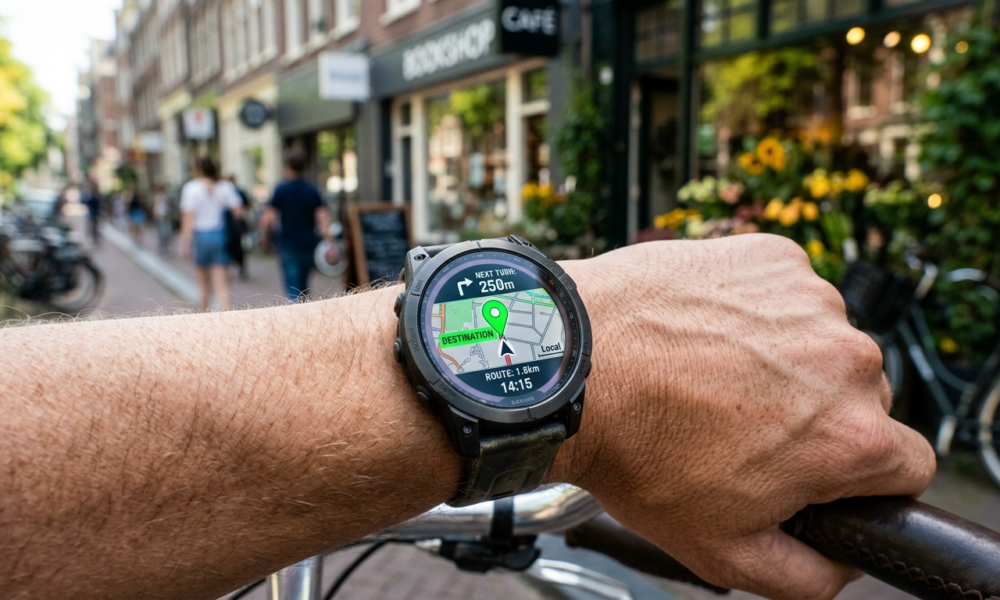 Smartwatch Garmin z nawigacją do Żabki na nadgarstku. Polska i świat. Zielona pinezka na ekranie zegarka lifestyle tech na tle rozmytej ulicy i sklepu.
