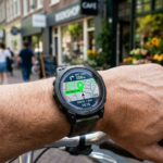 Smartwatch Garmin z nawigacją do Żabki na nadgarstku. Polska i świat. Zielona pinezka na ekranie zegarka lifestyle tech na tle rozmytej ulicy i sklepu.