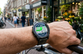 Smartwatch Garmin z nawigacją do Żabki na nadgarstku. Polska i świat. Zielona pinezka na ekranie zegarka lifestyle tech na tle rozmytej ulicy i sklepu.
