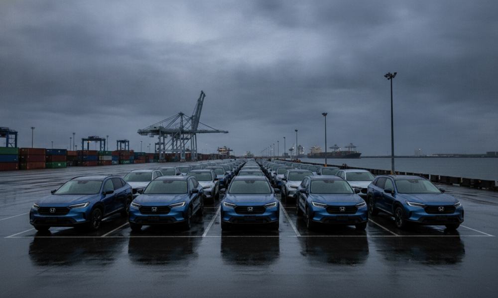 Elektryczne SUV-y Honda w porcie w USA o zmierzchu. Industrialna sceneria obrazuje wycofanie aut elektrycznych z rynku amerykańskiego i miliardowe straty.
